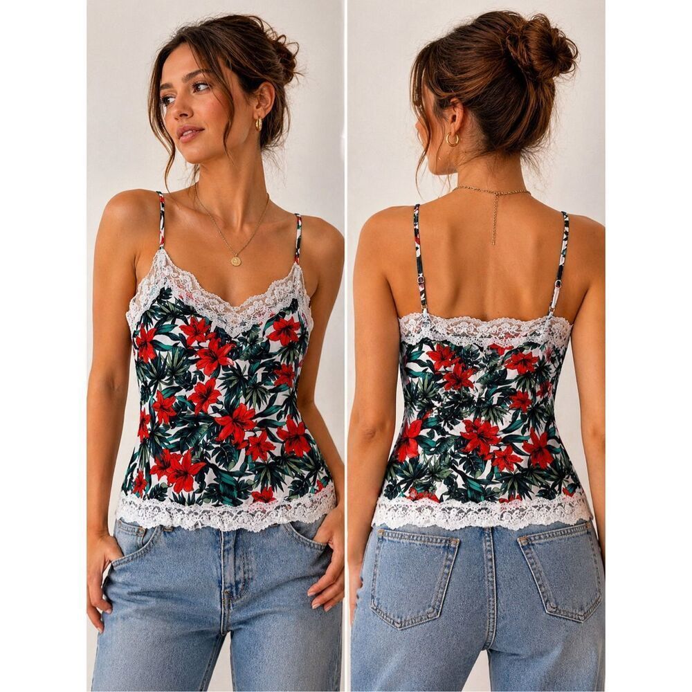 Tezenis Womens Cami Top Floral Red Green Lace Trim Spaghetti Strap Size L